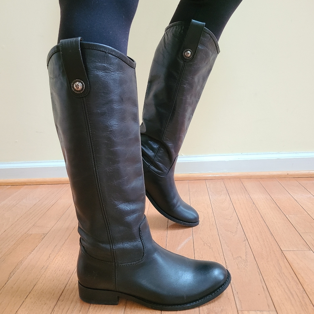 Frye Vintage Melissa Button Lug Tall Boots Black Washed Antique Leather size 6